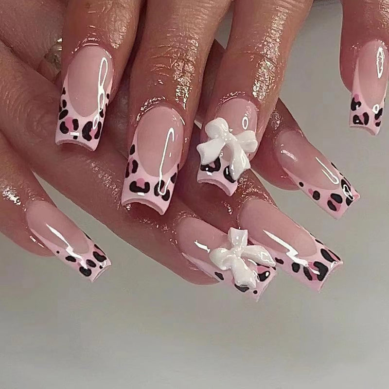 Medium Press on Nails Square 3D Bow False Nails Cute Fake Nails with Leopard Print Designs Pink French Tip Nails Press ons Medium Length Acrylic Glue on Nails Kit Sexy Stick on Nails for Women Girls