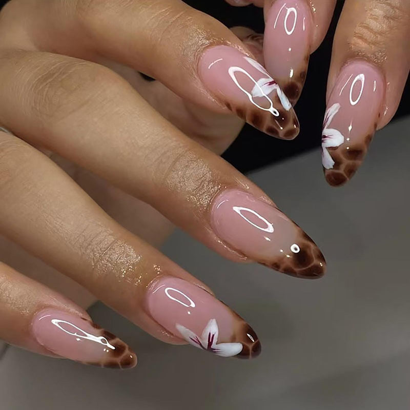 Press on Nails Medium Almond SWEKKE French Tip Fake Nails False Nails with Designs White Flower Leopard Print Cheetah Print Nails Glossy Glue on Nails Stick on Nails for Women Girls 24 Pcs