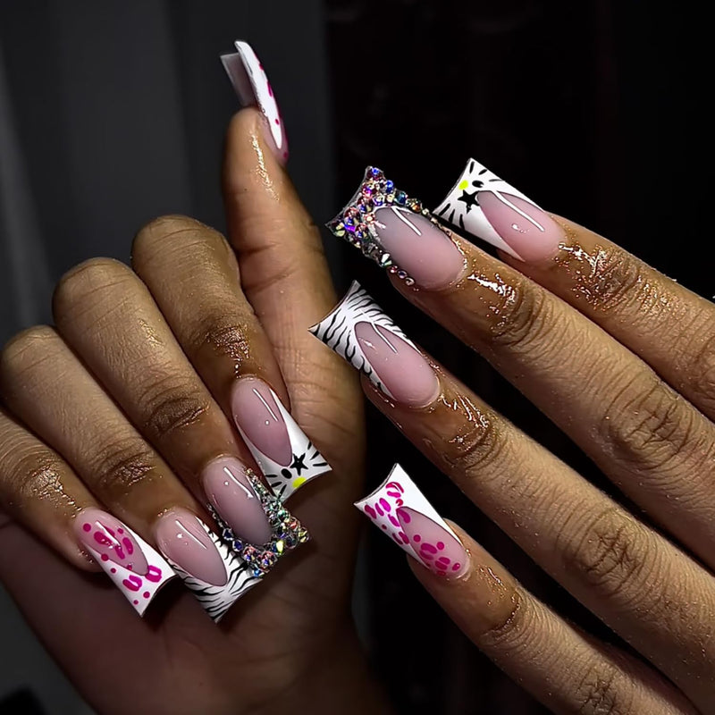 24 Pcs Duck Nails Press on Leopard Print White French Tip Fake Nails Nude Pink False Nails with Printing ＆ Rhinestone Designs Glossy Stick on Nails Artificial Nails for Women Girls