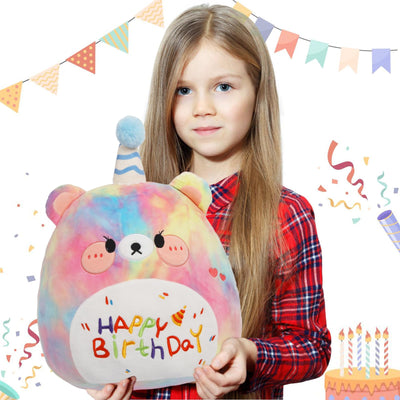 ARELUX Cute Color Dog Plush Soft Dog Stuffed Animal Birthday Bear Pillow Plushie Toy with Rainbow Happy Birthday Party Decoration Plushies Friend Family Vacation 12in